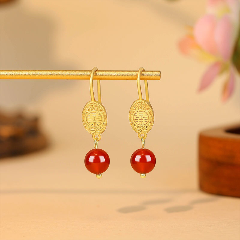 Gold Plated Jewelry - Naturalne czerwone jadeitowe kolczyki z koralikami,
