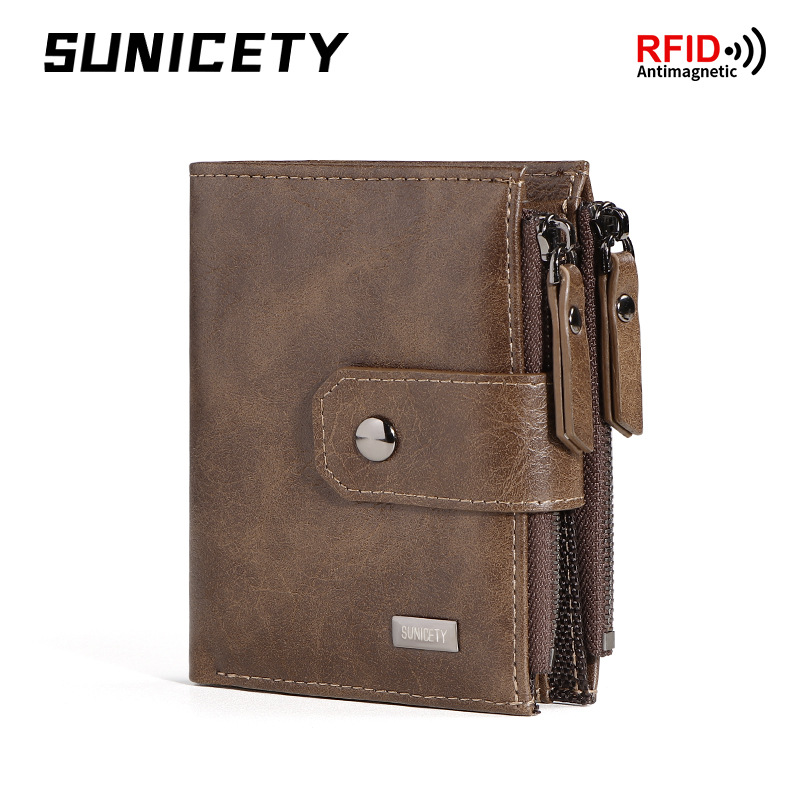 Leather Wallet Men - Antykradzieżowy, skórzany, krótki portfel męski w